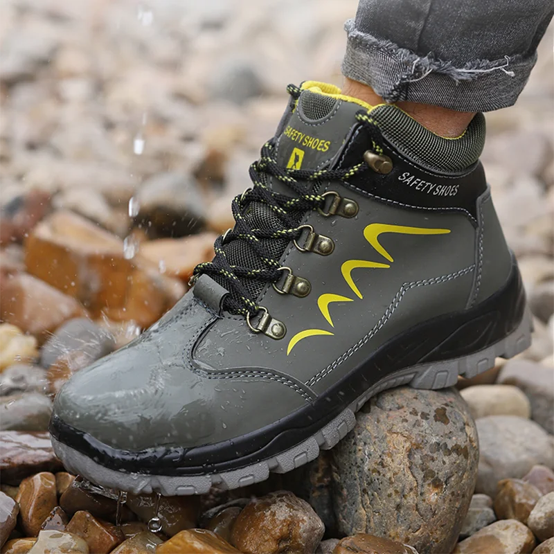 Winter Shoes Man Green Steel Toe Leather Boots Work Shoes Men's Safety Shoes with Protection Waterproof Industrial Boots for Men