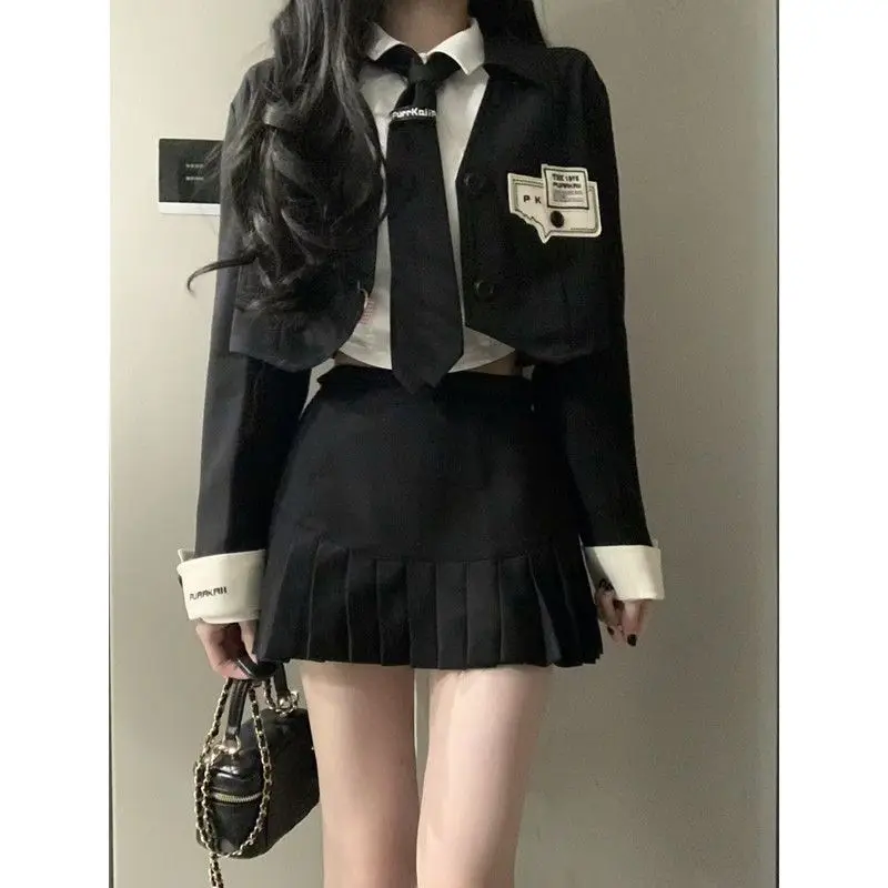 

Preppy Style Fashion Suit Black Blazers Cardigan + Casual Short Shirt + Slim Y2k Mini Skirt Uniform Korean 3 Piece Set 2023 Chic