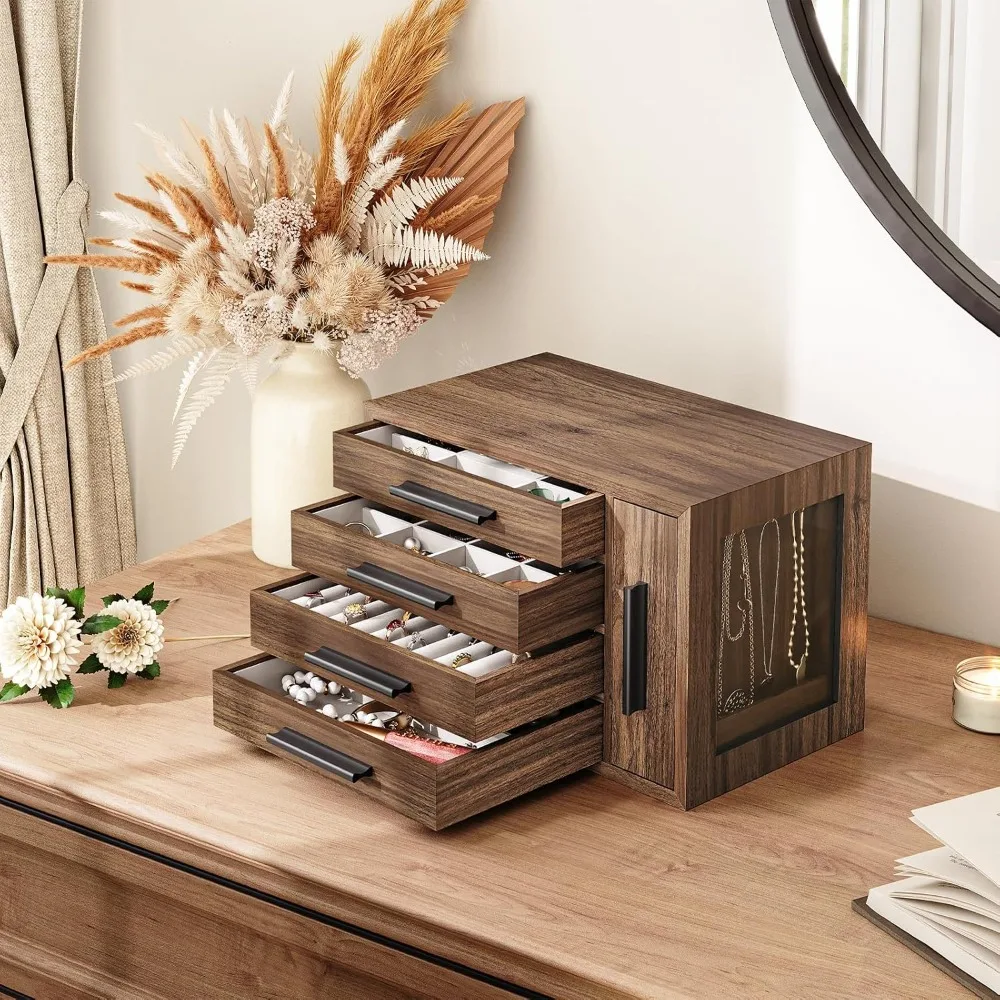 

Jewelry Box for Women, Wooden Jewelry Organizer with Transparent Window, 4-Layer Jewelry Organizer Box,