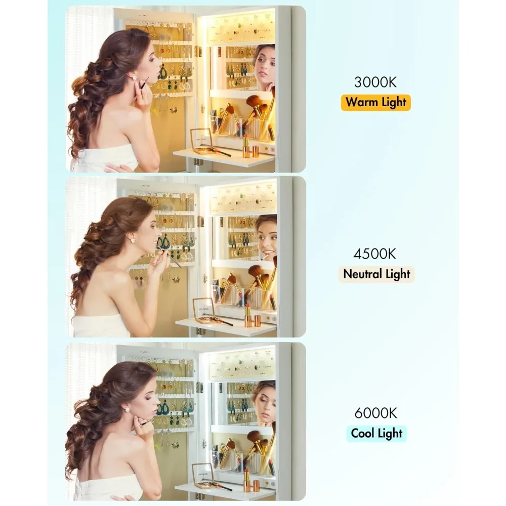 خزانة مجوهرات بمرآة مثبتة على الحائط مع أضواء، 42 بوصة طويلة فوق الباب، خزانة مجوهرات معلقة، 3 أوضاع ألوان مجوهرات