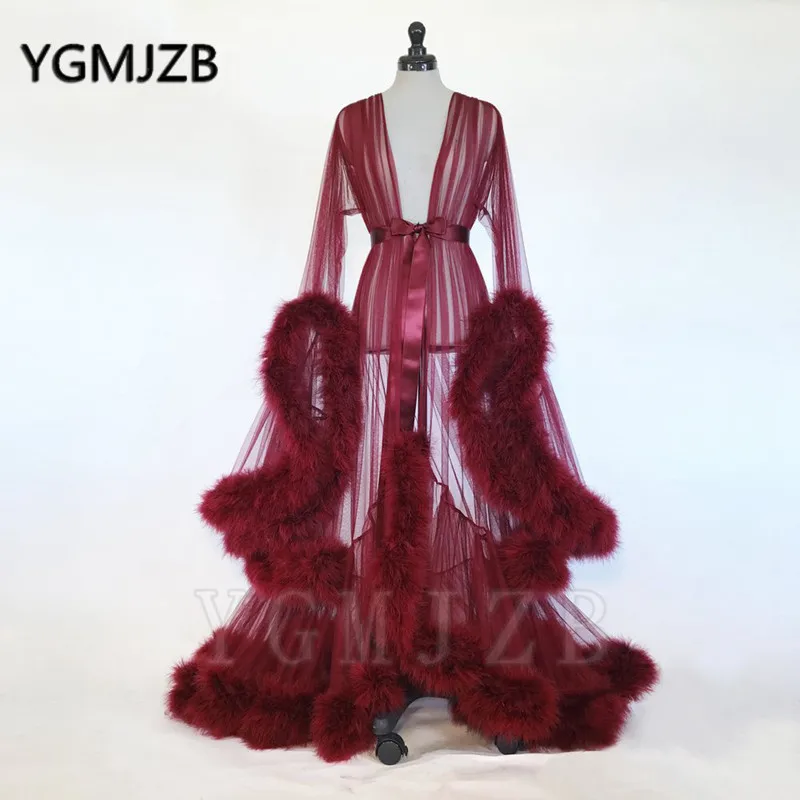 Sexy Illusion Evening Dresses V Neck Long Sleeve Feather Photography Props Pregnancy Photo Shoots Dress for Baby Shower