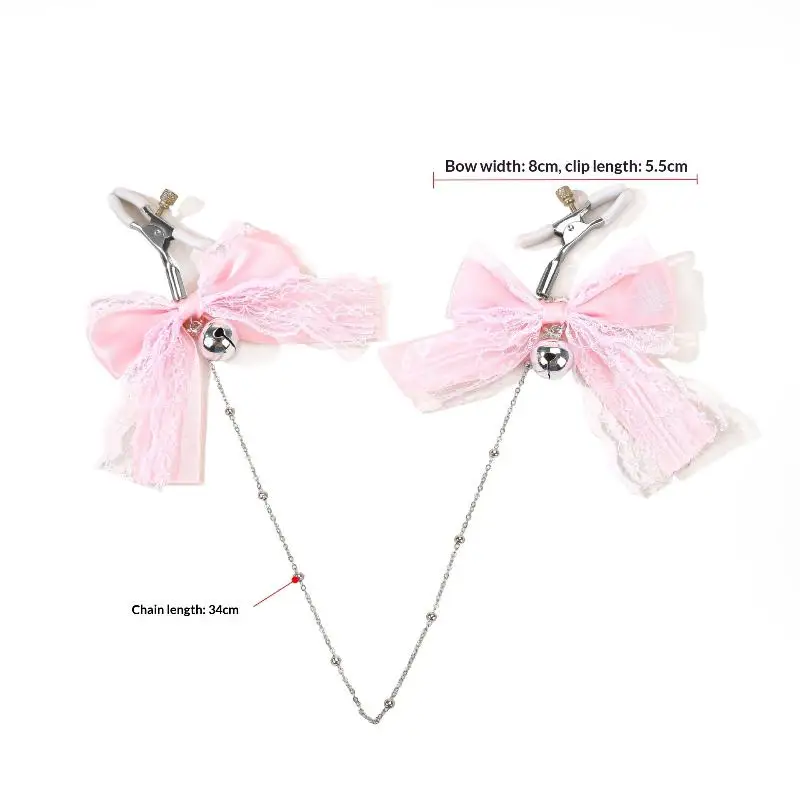 【SA】1 Pair Lace Butterfly Knot Bell Nipple Clamps Adult Toy With Chain Sexy Teasing Accessory Polyester Fabric Cute Girl Style - view 5