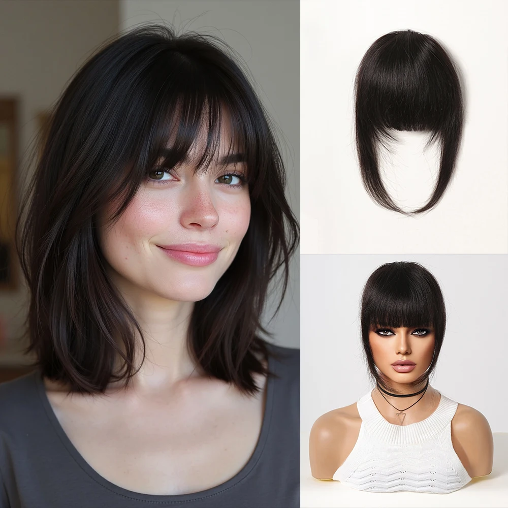 Clip in Bangs 100% Human Hair Bangs  French Natural Black Hair Bangs with Temples Clip on Fringe Hairpieces for Women Daily Wear
