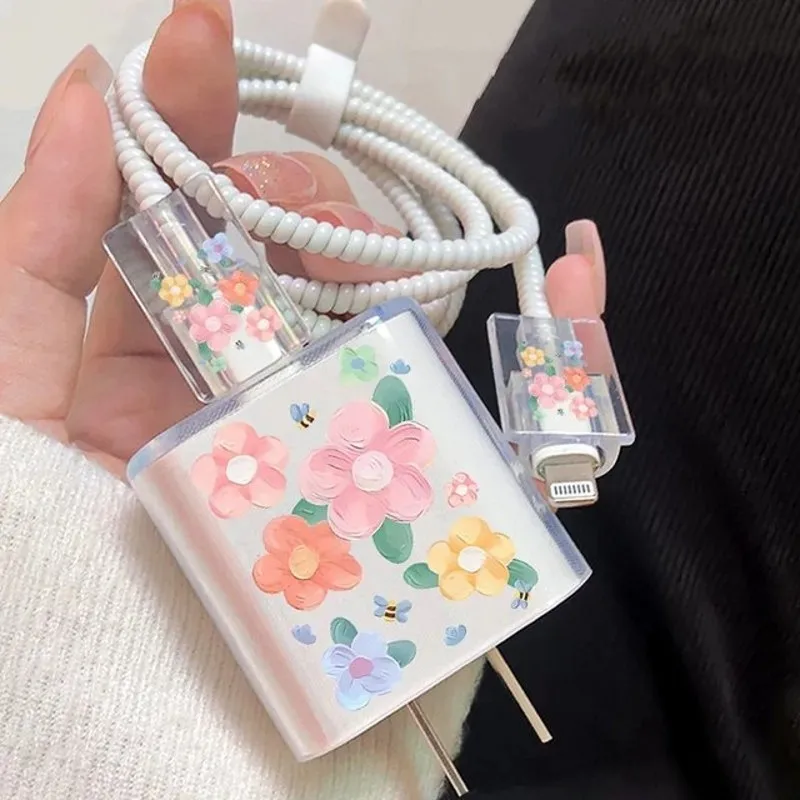 Fashion Cute Flower Case For Apple 18W/20W Charger Protect Cover for iPhone 14/13 Data Cable Charging Head Bite Protector Shell