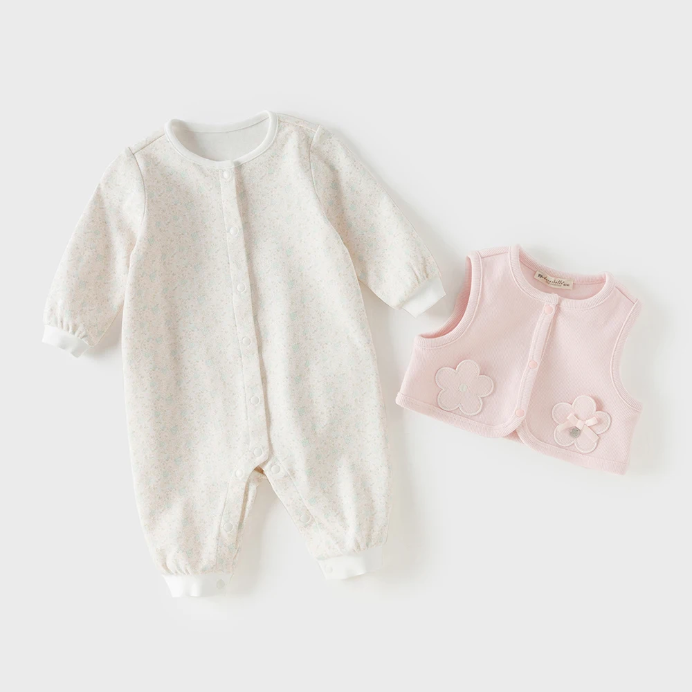 Dave Bella Newborn Spring Floral Jumpsuit Creeper Girls 2PCS Romper Vest Set Cotton Cute Baby Princess Party Clothes DB1260846