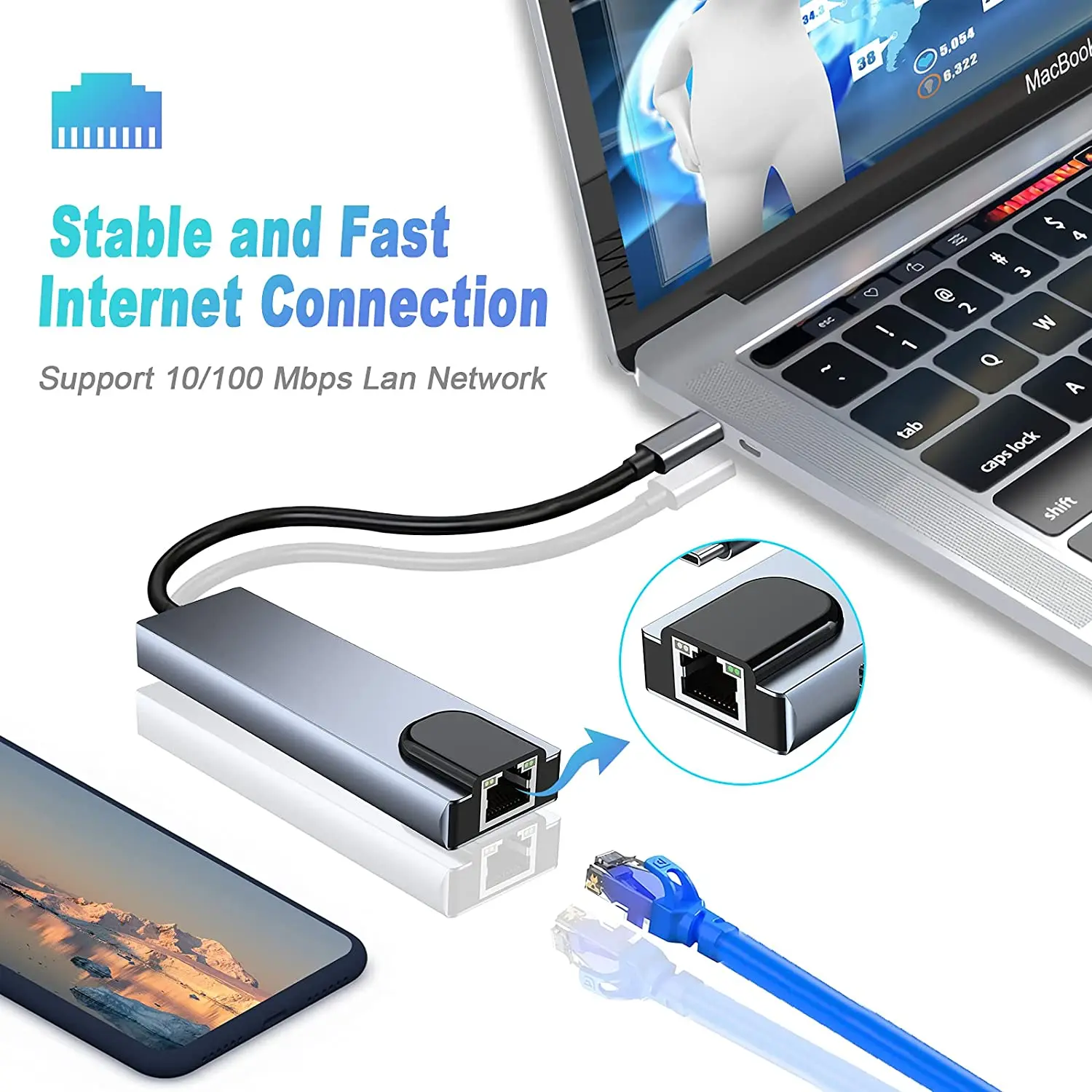 Adaptador multiportas compatível com HDMI USB tipo C, Hub 5 em 1, USB 3.0, 2.0, RJ45 Ethernet, Portas de carregamento PD