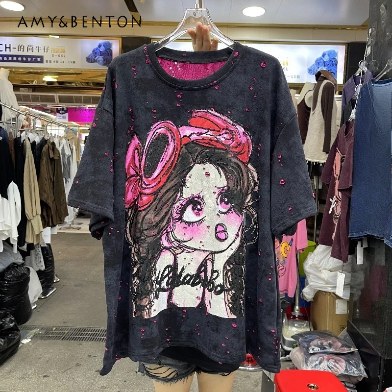 

Осень 2022, новинка свободного кроя, хлопковая футболка с короткими рукавами и короткими рукавами для тяжелой промышленности, пуловер для женщин, кавайная одежда, футболки Y2k