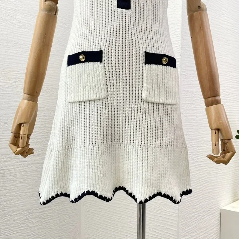 Mini abito da donna avorio bianco colori a contrasto bordo all\'uncinetto a mano lavorato a maglia elegante nuova alta qualità 2024