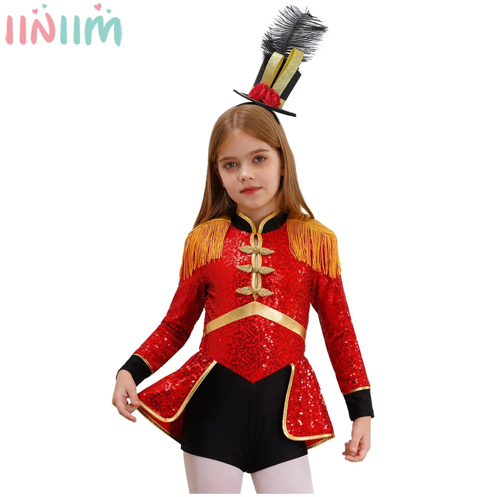 Children Girl Halloween Carnival Circus Ringmaster Cosplay Costume Long Sleeve Sequin Drum Band Honor Guard Bodysuit with Hat