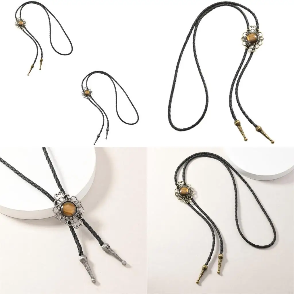 

39BC Southwest Inspired Tribal Bolo Tie Chain Pendant Necklace Alloy PU Leather Jewelry Accessory