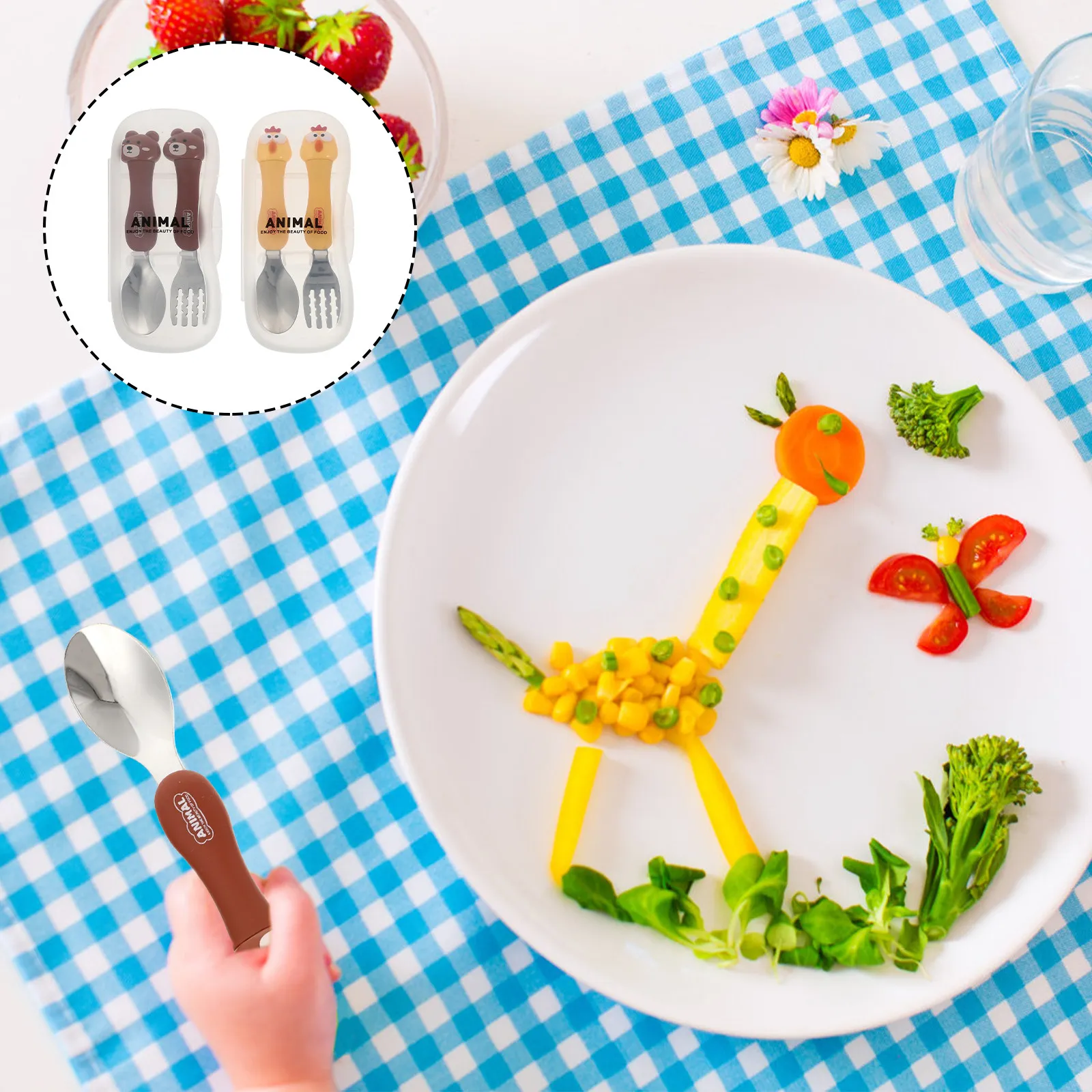 

2Sets Spoon and Fork Set Short Handle Ergonomic Infant Feeding Utensils Heat Resistant Toddler Tableware