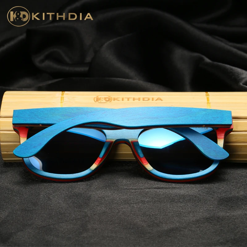 XSW Skateboard Wooden Sunglasses Blue Frame With Coating Mirrored Bamboo Sunglasses UV 400 Protection Lenses in paper Box w033