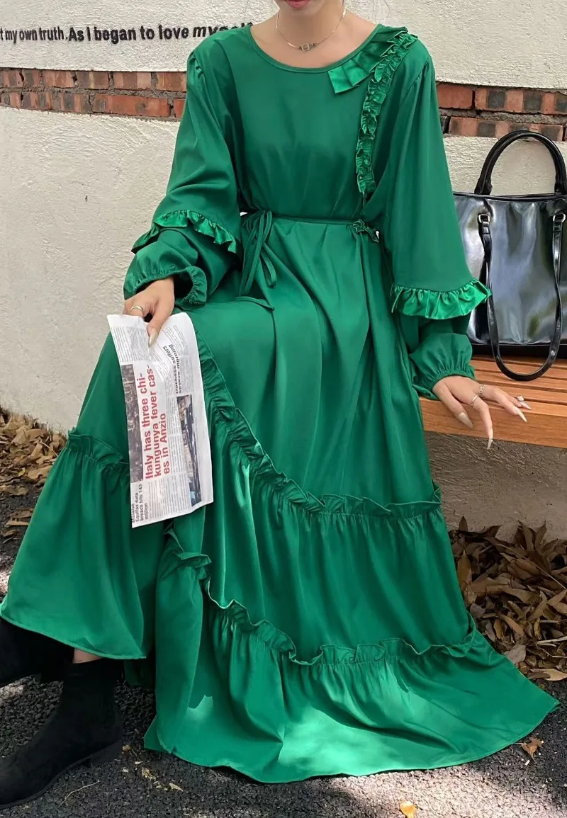 

Lazy Style Retro Loose A-line Midi Dress Ruffled Design O-neck Versatile Patchwork Pleated Casual Dress Autumn Women's Clothes