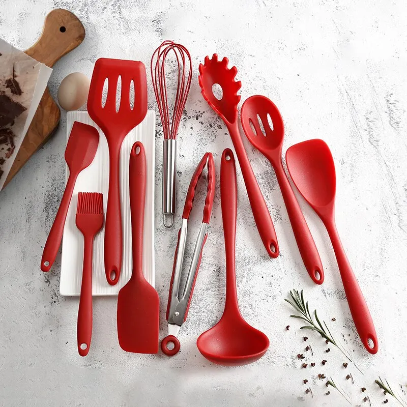 Juego de utensilios de cocina de silicona, 10 piezas, herramientas para hornear, vajilla, pala, cuchara, raspador, accesorios de cocina