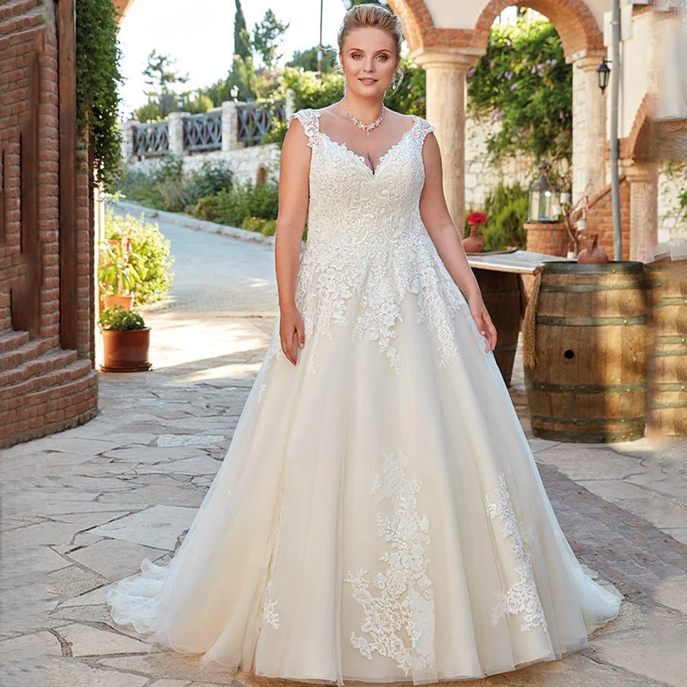 

Classic Cap Short Sleeve Wedding Dress Tulle Applique V-Neck Bridal A-Line Floor Length Open Back Lace Up Sweep Train Gowns