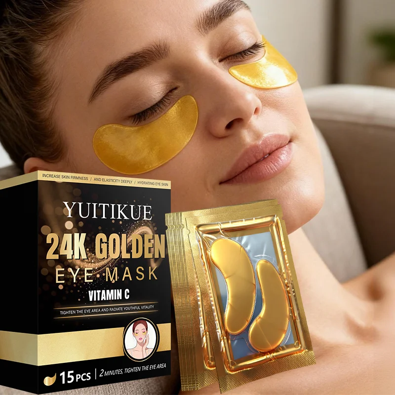 Mascarilla de Ojos Dorada 24K YUITIKUE con Vitamina C | Tratamiento Reafirmante e Hidratante de 2 Minutos, 15 Unidades