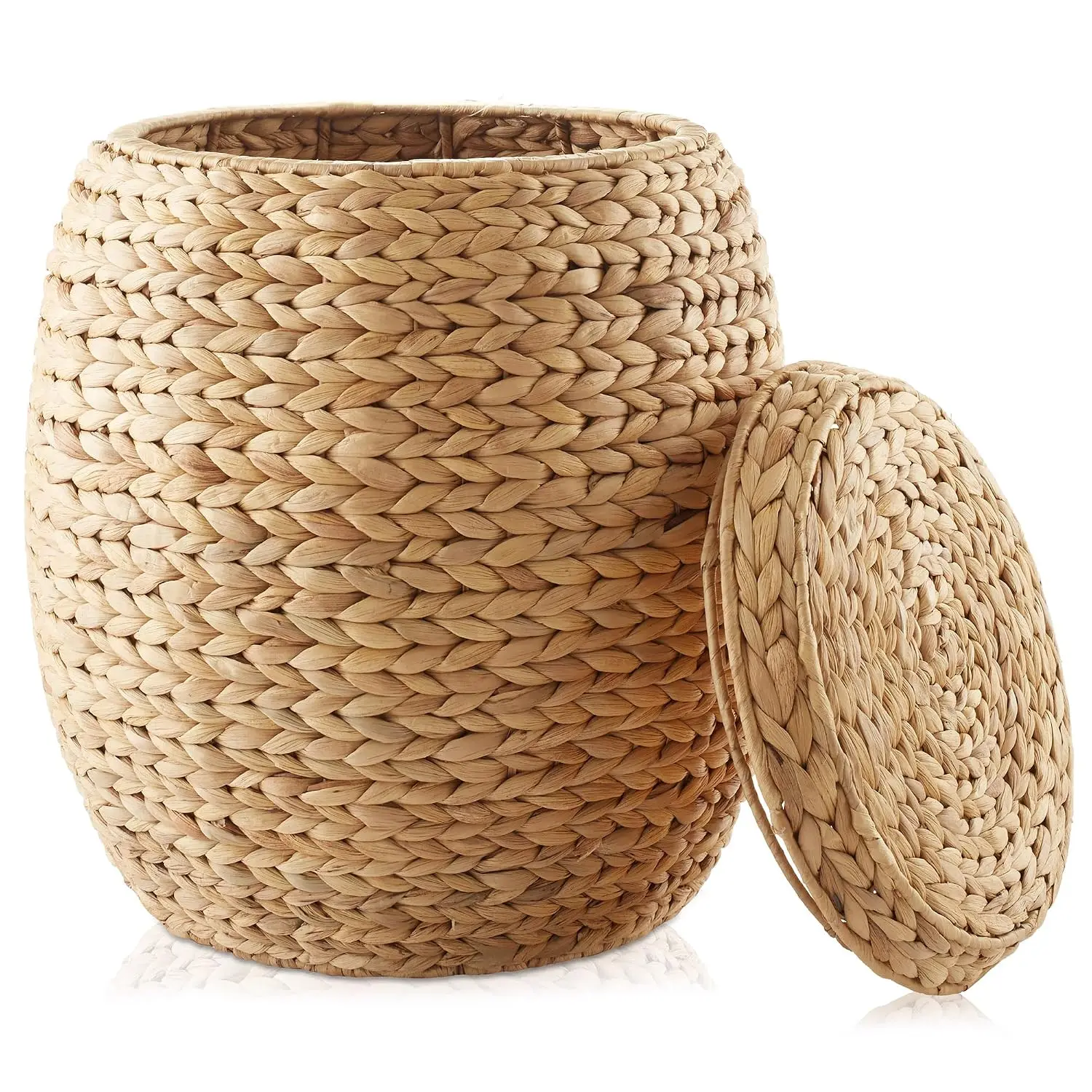 Round Storage Basket with Lid - Natural, Handwoven Water Hyacinth Organizer for Laundry, Blankets, Plants, Bedroom, Living Room