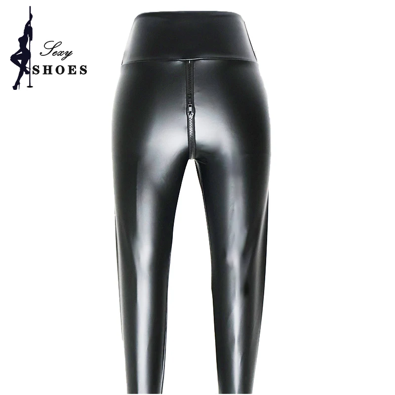 Preto calças de couro do plutônio das mulheres cintura alta magro push up leggings elástico estiramento pantalon mujer duplo zíper aberto virilha calças