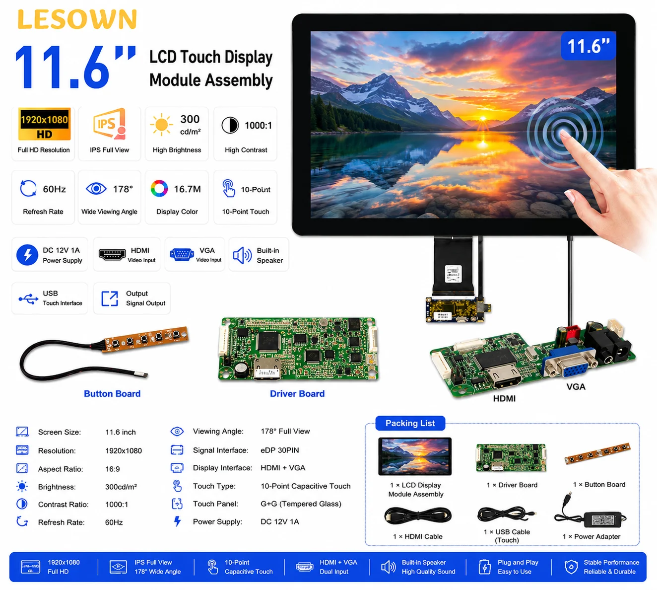 

LESOWN 11.6" Módulo de Pantalla 1920x1080 Capacitive Touch Screen Driver-Free for DIY Project