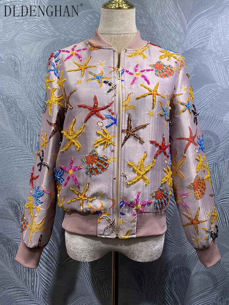 

DLDENGHAN Starfish Beaded Jacquard Jacket for Women's O-Neck Long Sleeves Pockets High Street Jacket Early Autumn Females