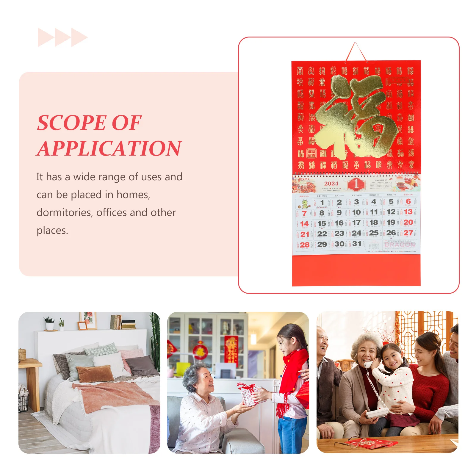 

Chinese Wall Calendar 2024 Year of Dragon Traditional Lunar Monthly Calendar Hanging Wall Decor for Home Office