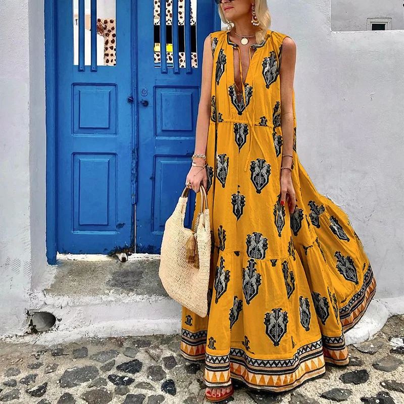 2024 Summer New Bohemian Dress Women Deep V Neck Printed Long Skirt Loose Sleeveless Lace Up Dress Lady Casual Vacation Style