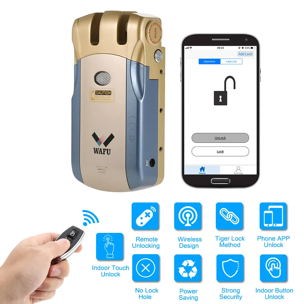 

WAFU 010U Wireless Security Invisible Keyless Entry Door Intelligent Lock iOS Android APP Unlocking with 4 Remote Keys