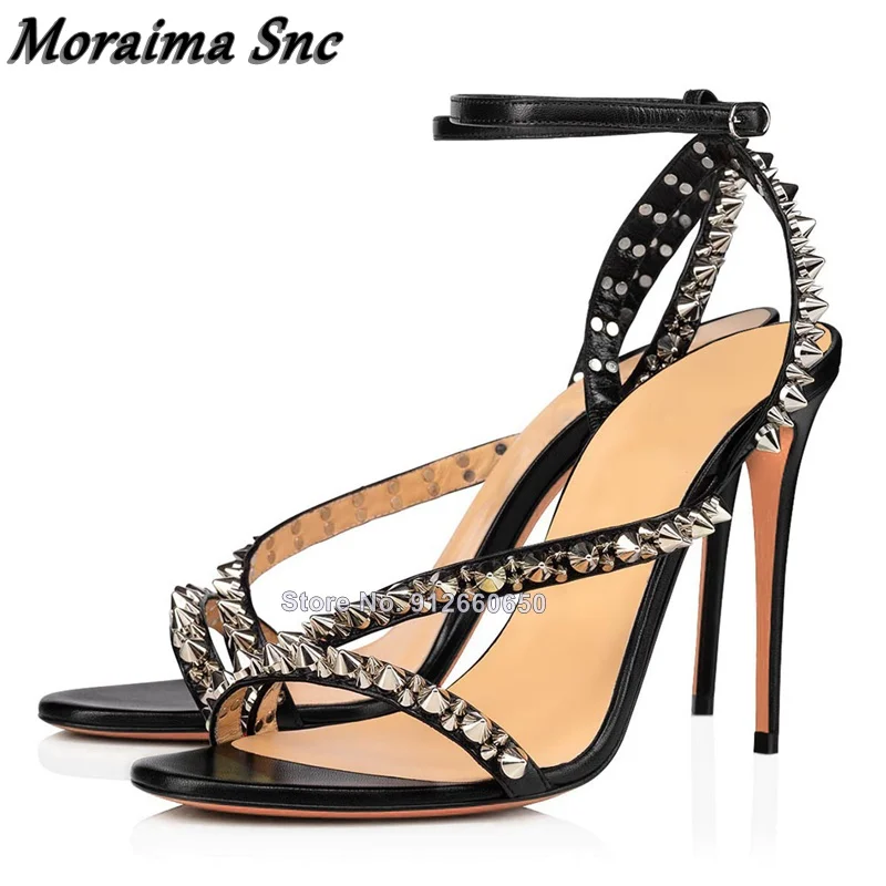 Moraima Snc Black Rivet Thin Heel Sandals Women Khaki Buckle Strap Open Toe Shoes on Heel Stilettos Super High Heel Sandals