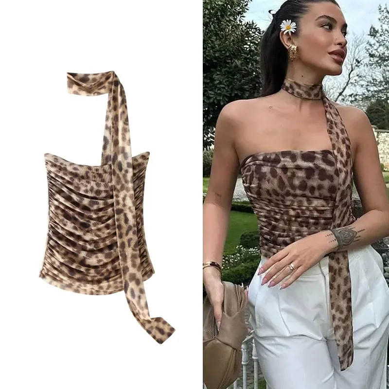 

TRAF Leopard Tulle Crop Top Women Print Ruched Corset Top Woman Vintage Summer Halter Top Backless Sexy Party Tops For Women