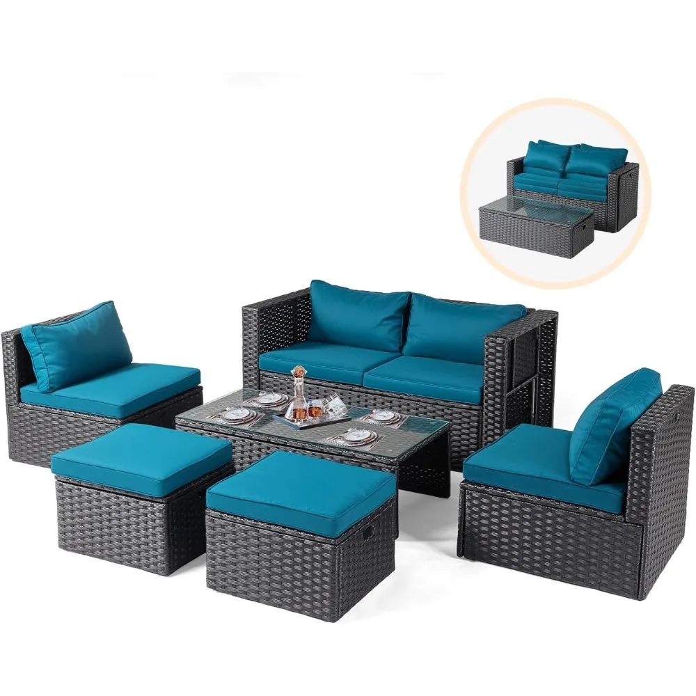 طقم أثاث فناء من الخيزران مكون من 6 قطع، مجموعة أثاث خارجي مقطعي للفناء، تصميم موفر للمساحة مع عثماني #1