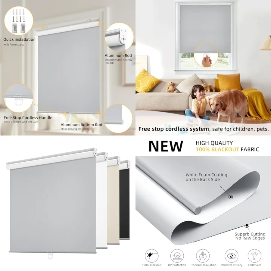 

Cordless Free-Stop 100% out Blinds for Windows, Roller Windows Shades with Thermal Insulated, UV Protection Fabric for Living R