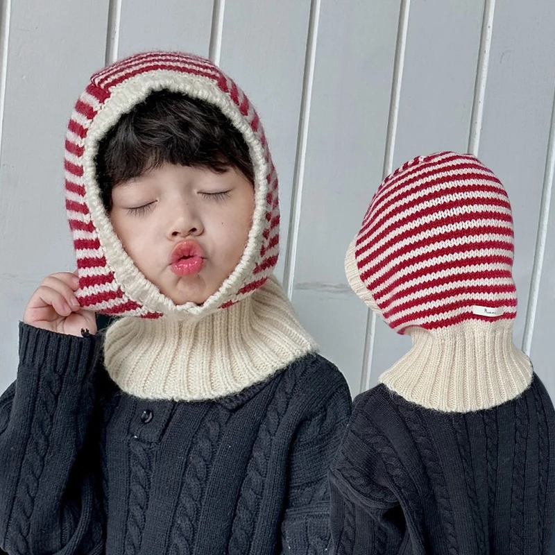 

Зимний детский шарф, цельная шапка, модные полосатые вязаные шапки для защиты ушей, детская Балаклава, головной убор, детская шапочка с капюшоном для детей 1-6 лет