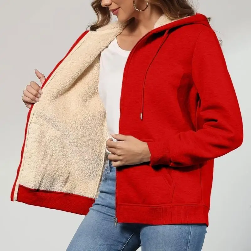 39BC سترة نسائية بغطاء رأس بسحاب مبطنة بالصوف الشيربا مع جيوب سترة دافئة بسحاب معطف