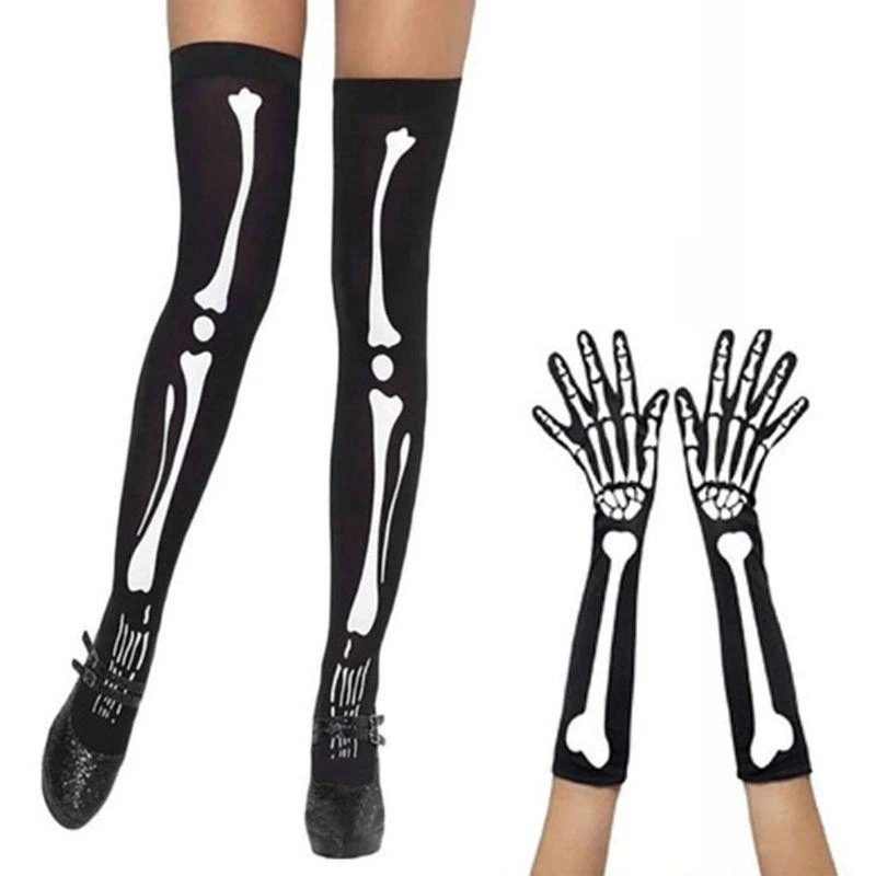 J15U Womens Halloween Cosplay Skull Skeleton Bone Gloves Thigh High Stockings Socks