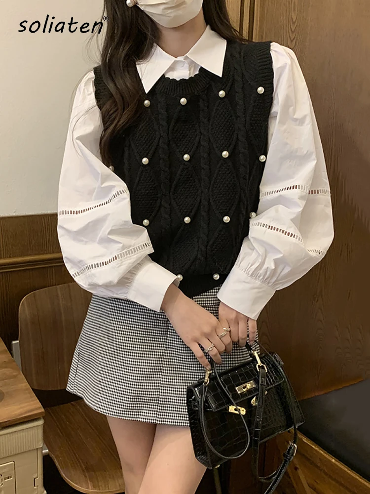 Round O Neck Vest Ladies Sweaters Cute Black Kawaii Knitted Top for Women Autumn Winter 2024 New Knitwear Jumper C-013