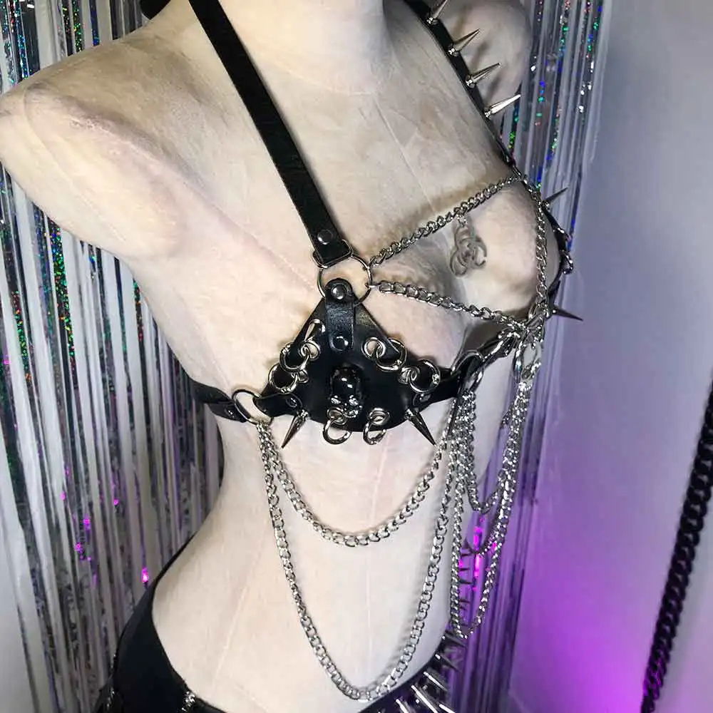 

Kawaii Гранж Готические ремни Танк Эко Панк Рок с шипами Эмо Y2K Веганские кожаные топы для подростков E-Girls 90-х Череп 2025 Цепь Гот