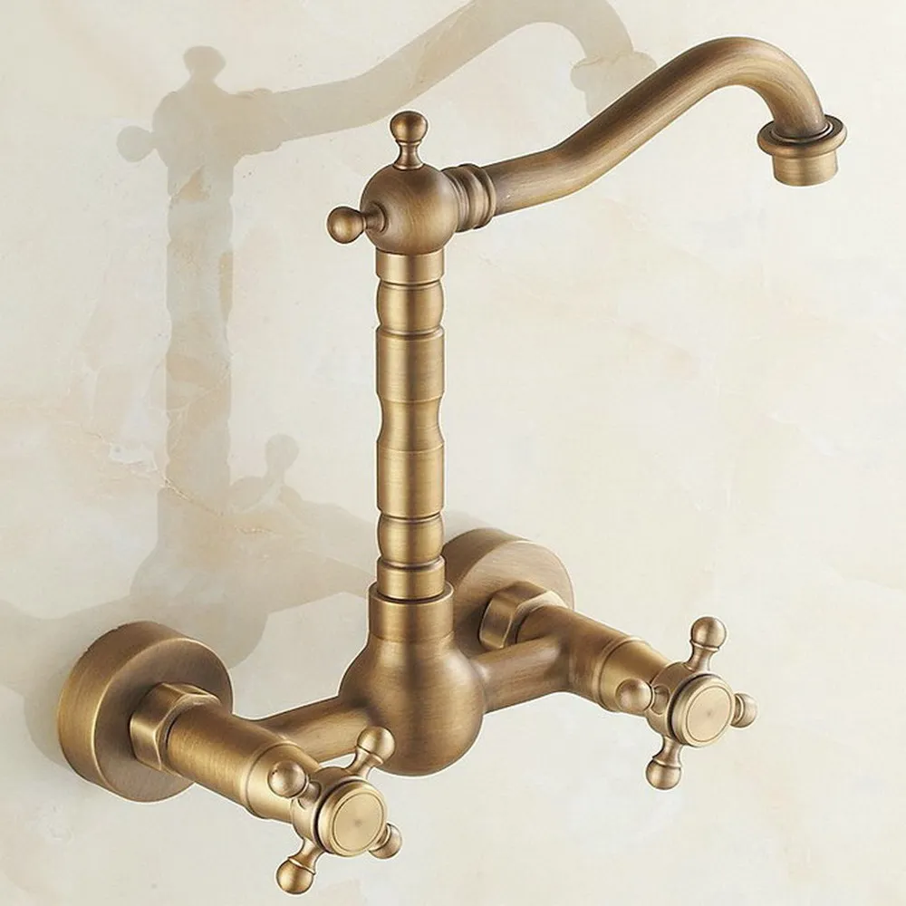 Antique Brass Wall Mounted 2 Cross Handles Swivel Spout Kitchen Bathroom Sink Basin Faucet Mixer Tap anf052