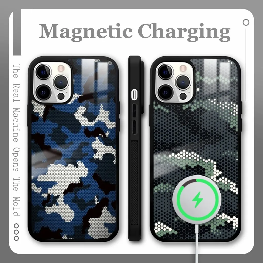 Camouflage Carbon Fiber Pattern Phone Case For IPhone 16 15 14 13 Pro Max Plus Mini Magsafe Mirror Wireless Magnetic Cover