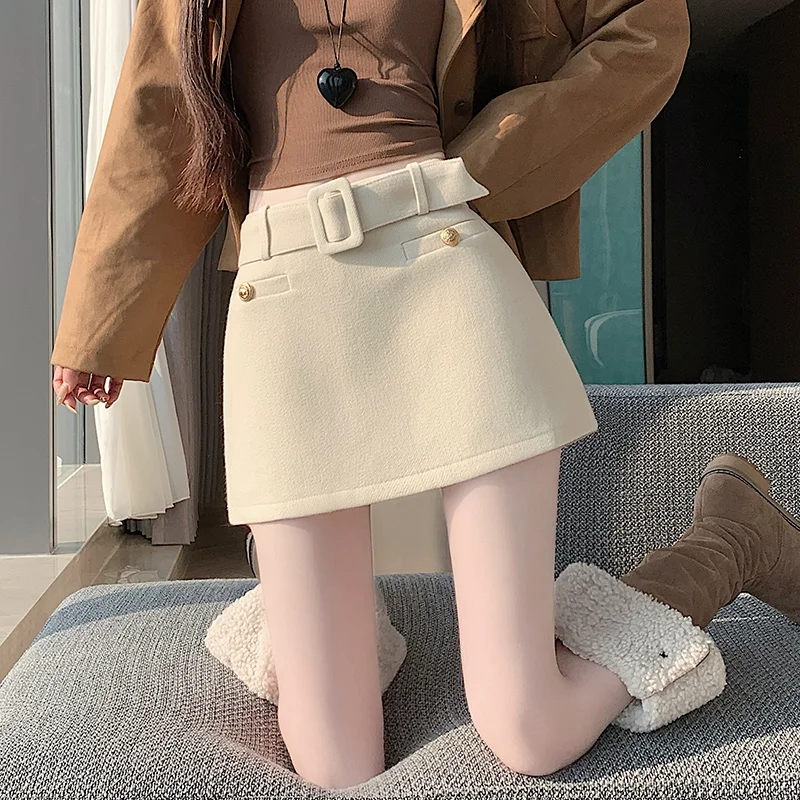 2026 New American Hot Girl Woolen Skort High Waist Square Belt A Line Mini Skirt Women Autumn Winter Wear