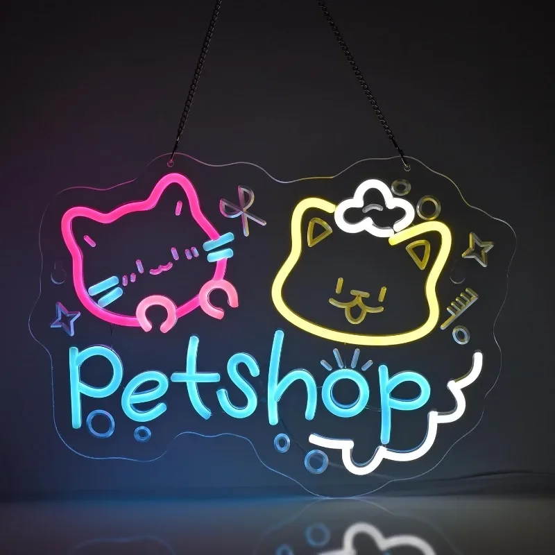 

Pet Shop Neon Light Wall Decoration Pet Supplies Store Cat Dog Puppy Care Washing Skirt Shop, USB Powered Dimmable Led Sign