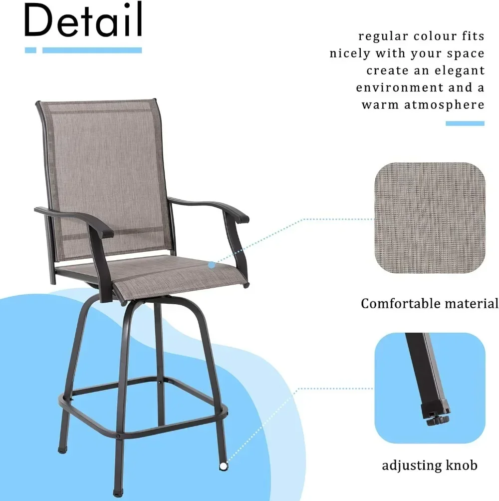 Pátio Swivel Bar Set, All Weather Textile Fabric, Outdoor High Stool, Bistro com 2 cadeiras de bar, cinza acolchoado, sem mesa