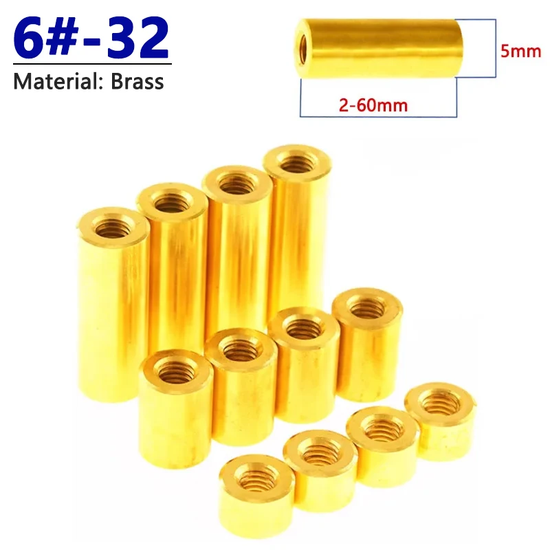 

5pcs 6#-32 UNC Brass Round Coupling Nut Female Thread Cylindrical Stud Standoff Sleeve Double Pass Hollow Pillar Width 5mm