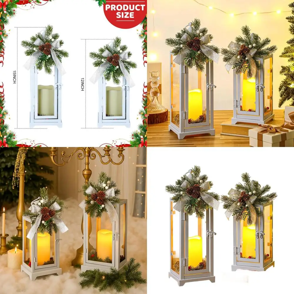 

Set of 2 Christmas Metal Candle Lanterns with LED Fake Candles, 12 & 15 Decorative Outdoor/Indoor Xmas Ornament Lanterns, Ideal