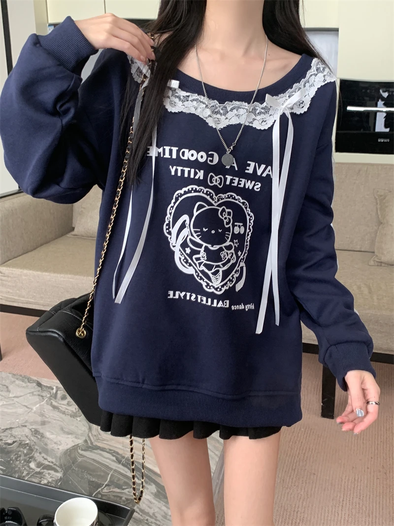 2025 페어리 가을 겨울 신상 프린트 긴팔 레이스 스플라이스 비대칭 숄더 스웨트셔츠 여성용 탑 패션 스트리트웨어