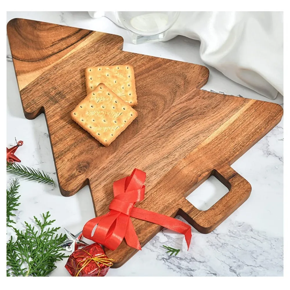 Wood Christmas Tree Food Serving Tray Hanging Handle Thickened Cheese Platter Durable Double Side Use Cutting Board Dining Table