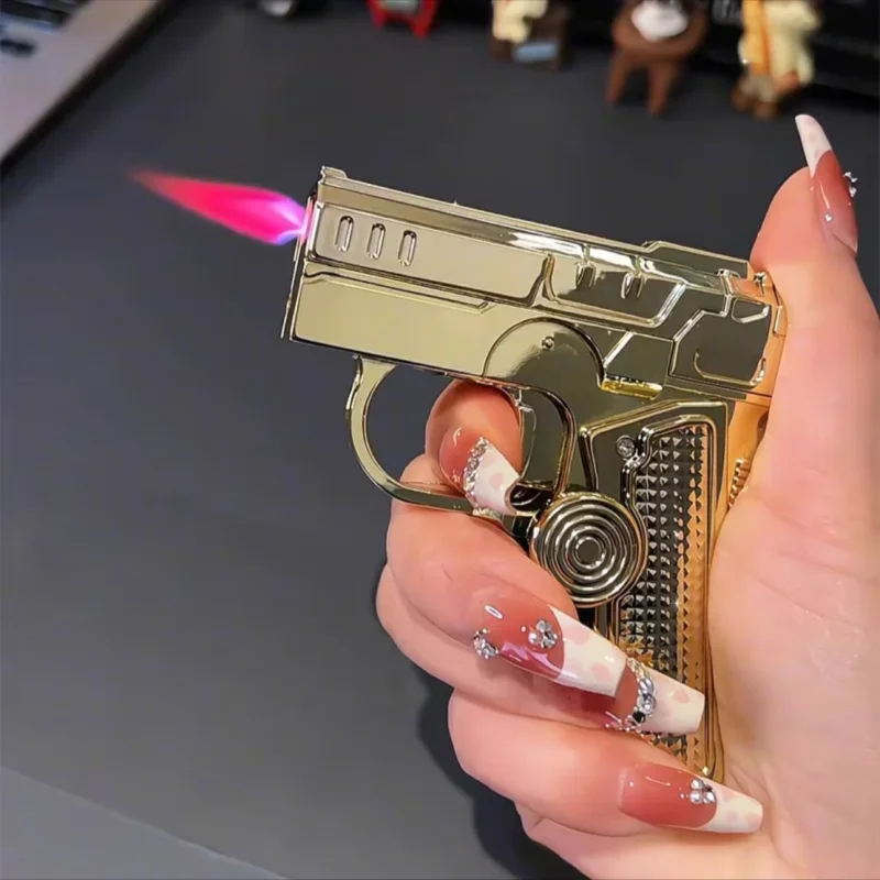 Metal Folding Gun Style Inflatable Lighter Windproof Butane Gas Jet Red Flame Gyroscope Lighter with Laser for Men\'s Small Tool