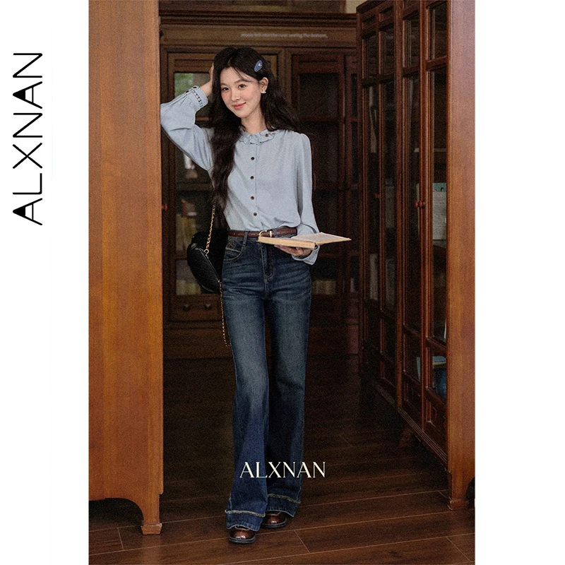 ALXNAN Women's Apricot Shirts Ruffle Trim Round Neck Hollow Out Sleeve Cuffs Blouse New Versatile Fashion Ladies Tops L569166-1