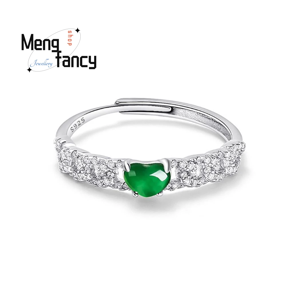 

Exquisite S925 Silver Inlaid Natural A-goods Jadeite Love Yang Green Ice Jade Ring Adjustable Couple Luxury Fashion Fine Jewelry