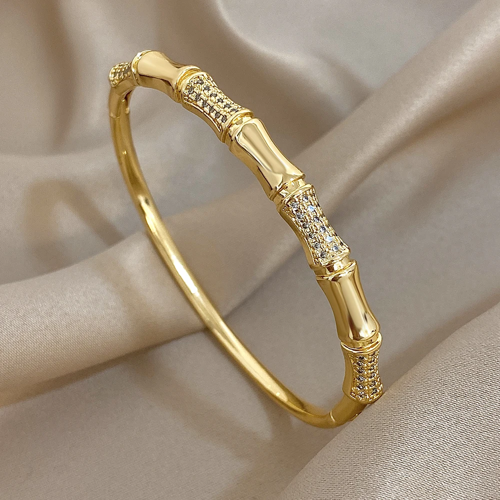 Einzigartiger Armreif mit Bambus-Intarsien-Strasssteinen für Damen, modisch, vergoldetes Kupfer, Manschettenarmband, Schmuck, Geschenke