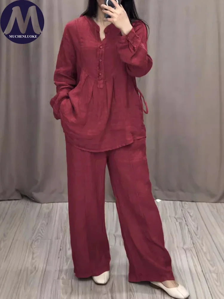 2 قطعة مجموعة للمرأة الصيف جديد أنيق القطن الكتان طويلة الأكمام نصف بالأزرار القمم الدعاوى المألوف عارضة فضفاض بانت مجموعات